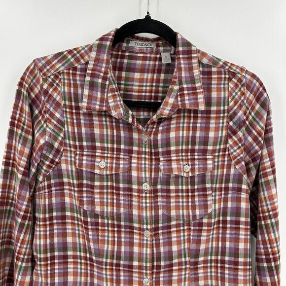 TOAD&CO. Purple Green Organic Cotton Plaid Flannel Button Up Tunic Shirt Small - Picture 3 of 8
